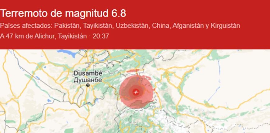 Terremoto de 7,2 sacude frontera entre Tayikistán y China