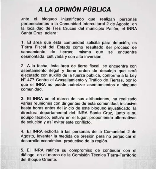 El INRA no puede autorizar asentamientos a ninguna comunidad intercultural…