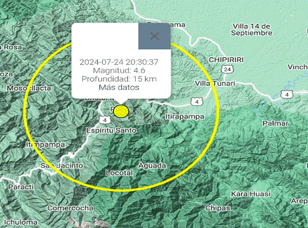 Reportan sismo de 4,6 en el departamento de Cochabamba con epicentro en el Chapare